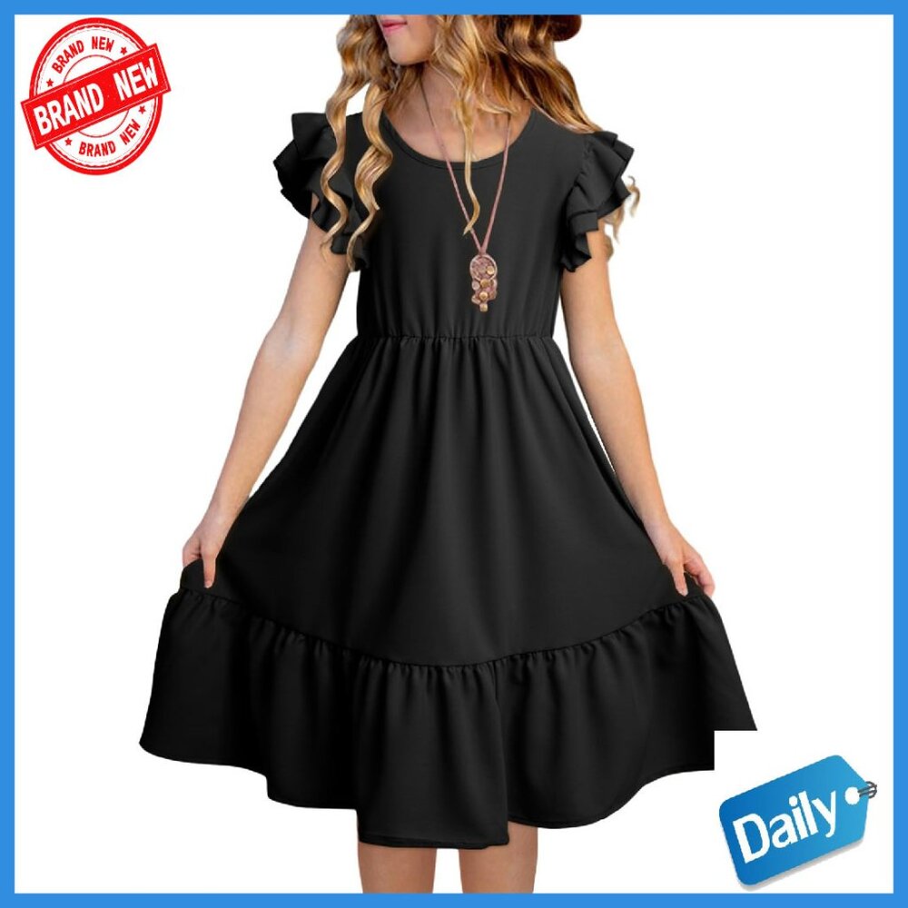 Girls Double Layer Ruffle Sleeve Dress Size 6-15 Years 100% Polyester